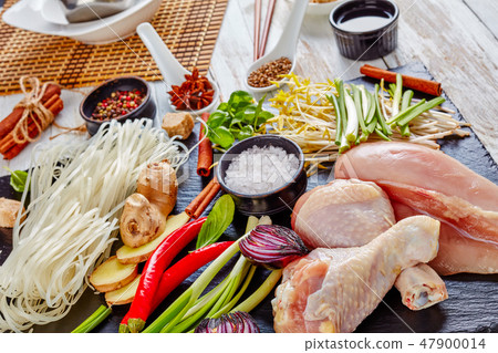 raw ingredients for asian chicken soup, close-up raw ingredients for asian chicken soup, close-up 47900014
