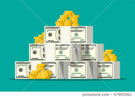 Stack of dollar banknotes and golden coins. Stack of dollar banknotes and golden coins. 47901062
