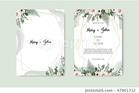 Botanical wedding invitation card template design, white and pink flowers on white background. Botanical wedding invitation card template design, white and pink flowers on white background. 47901332