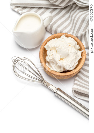 Traditional Mascarpone cheese and cream or milk isolated Traditional Mascarpone cheese and cream or milk isolated 47902570