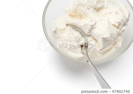 Traditional Mascarpone cheese in glass bowl isolated on white with clipping path Traditional Mascarpone cheese in glass bowl isolated on white with clipping path 47902740