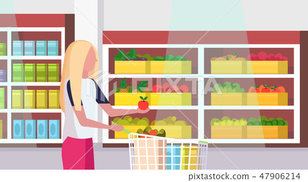 woman housewife carrying full trolley cart of food purchases big grocery shop supermarket interior woman housewife carrying full trolley cart of food purchases big grocery shop supermarket interior 47906214