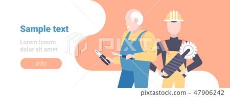two construction workers holding screwdriver cutting pliers and handheld circular saw repair service 47906242