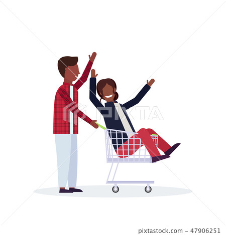 man carrying trolley cart with woman happy african american couple having fun supermarket shopping 47906251