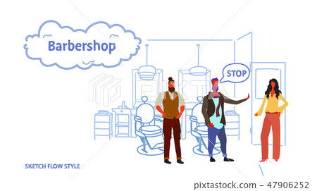 couple stylish barbers showing stop sign to girl two male hairdressers in hair salon modern 47906252