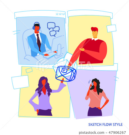 set different poses businesspeople office workers working process concept male female cartoon 47906267