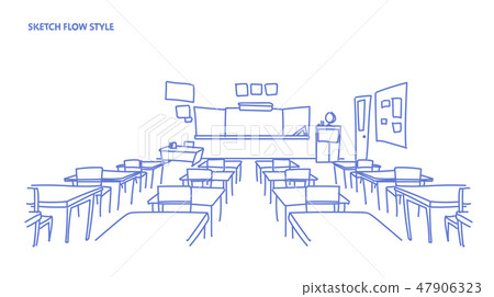 Empty School Class Room Interior Board Desk Stock