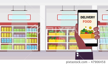 human hand holding smartphone delivery food online mobile application screen ordering concept human hand holding smartphone delivery food online mobile application screen ordering concept 47906458