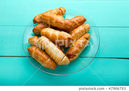 Sausage in the dough, homemade cakes, top view 47906783
