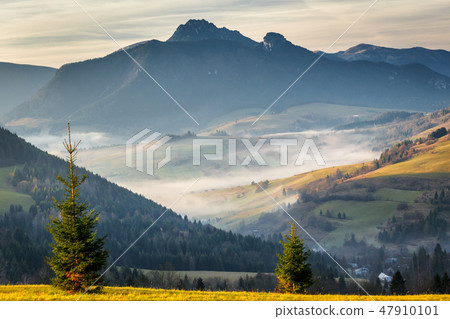 Landscape with mountains at sunrise. Landscape with mountains at sunrise. 47910101