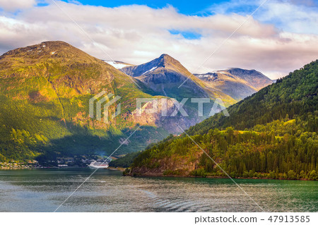 Norway fjord sunset panorama, mountain landscape 47913585