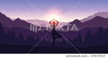 girl makes yoga tree figure in the mountain landscape view at sunrise girl makes yoga tree figure in the mountain landscape view at sunrise 47915907