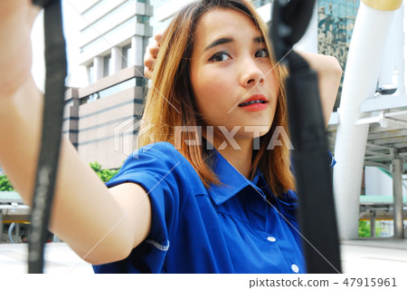 Close-up woman smile selfie portrait and traveling Close-up woman smile selfie portrait and traveling 47915961