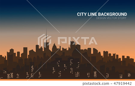 Sunset city silhouette background. Skyline wallpaper with skyscrapers in sunset or sunrise 47919442