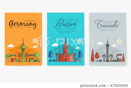 Set of outline different cities for travel destinations. Landmarks banner thin line of flyer 47920404
