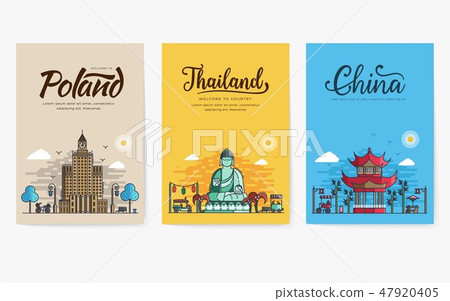 Set of outline different cities for travel destinations. Landmarks banner thin line of flyer 47920405