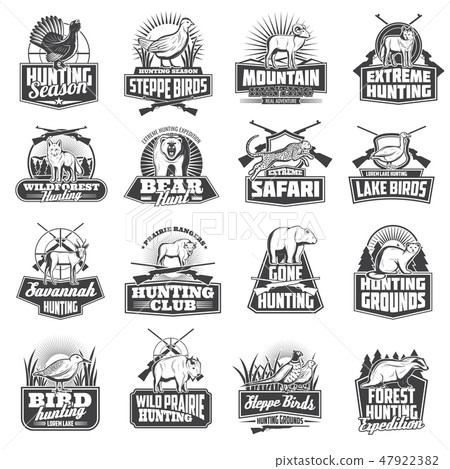 Hunting sport ammo, hunter animals trophy icons 47922382