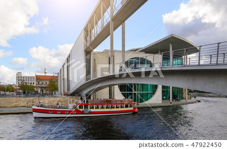 Berlin view and boat on Spree river. Europe 47922450