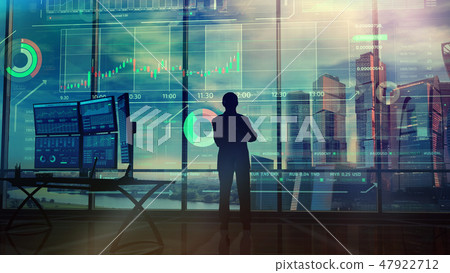 Silhouette of a trader in the office before infographics Silhouette of a trader in the office before infographics 47922712