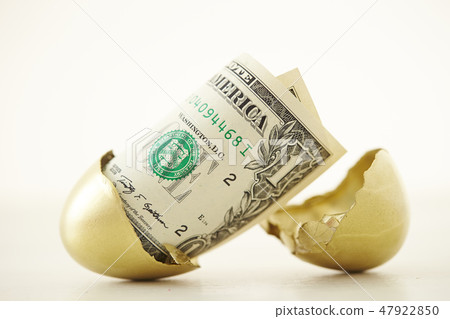 Golden eggs and American bills 1 dollar bills White background 47922850