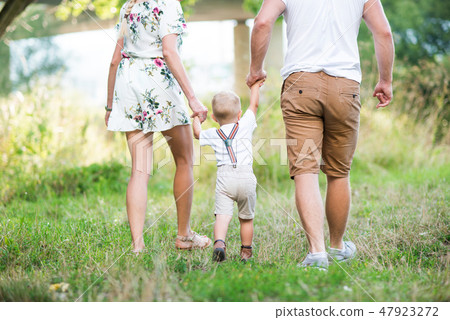 A rear view of young family with a small toddler boy in sunny summer nature. 47923272