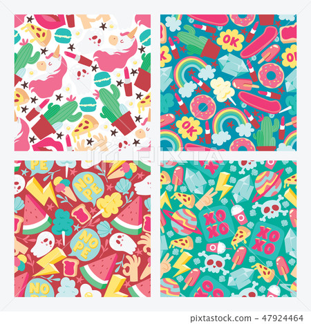 Cartoon vector seamless pattern girlish accessories lipstick icecream kids unicorn rainbow and Cartoon vector seamless pattern girlish accessories lipstick icecream kids unicorn rainbow and 47924464