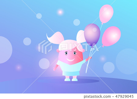cute girl holding colorful air balloons holiday celebration concept female cartoon character full 47929045