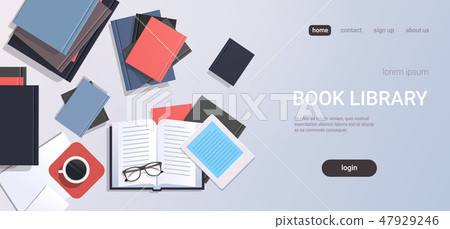 workplace desk textbooks e-book top angle view book library education learning concept flat copy 47929246