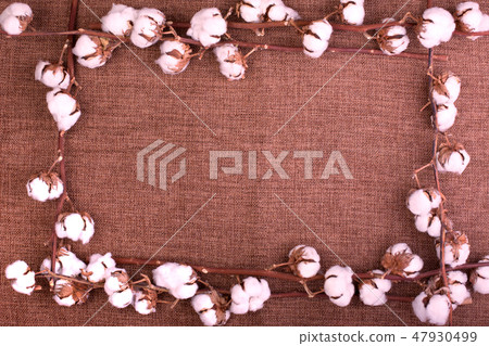 Flower design with fluffy dried cotton bolls over rough brown burlap. Top view, copy space, greeting 47930499