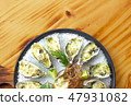 Oysters baked with cheese and herbs on plate on wooden background. Seafood background copy space 47931082