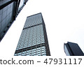 Glass facade business building bottom view in Hong Kong city. Office building and skyscrapers facade 47931117