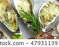 Close up oysters baked with cheese and lime. Italian cuisine with seafood. Food background for 47931139