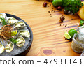 Oysters cooked with cheese and herbs on wooden copy space. Seafood composition. Italian cuisine with 47931143