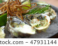 Oysters baked with cheese and herbs on plate. Seafood background. Mediterranean cuisine with seafood 47931144