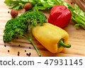 Vegetable composition and food background. Bell pepper, herbs, seasoning for food preparation 47931145