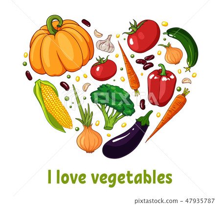 Isolated heart silhouette made of vegetables. Healthy food set concept. Isolated heart silhouette made of vegetables. Healthy food set concept. 47935787