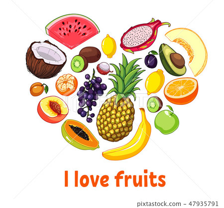 Isolated heart silhouette made of fruits. Healthy food set concept. Hand drawn vector illustration. 47935791