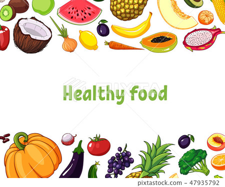 Vector illustration of fruits and vegetables with various edible objects. Vector illustration of fruits and vegetables with various edible objects. 47935792