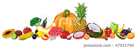 Vector illustration of fruits and vegetables with various edible objects. Vector illustration of fruits and vegetables with various edible objects. 47935794
