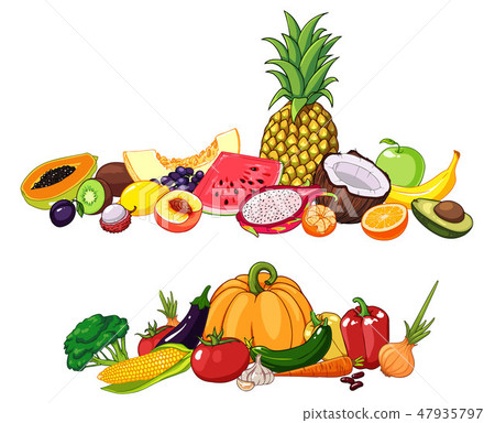 Vector illustration of fruits and vegetables with various edible objects. Vector illustration of fruits and vegetables with various edible objects. 47935797