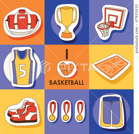 Basketball vector sport sticker sportswear medal cup net hoop on basketball court illustration set Basketball vector sport sticker sportswear medal cup net hoop on basketball court illustration set 47935910