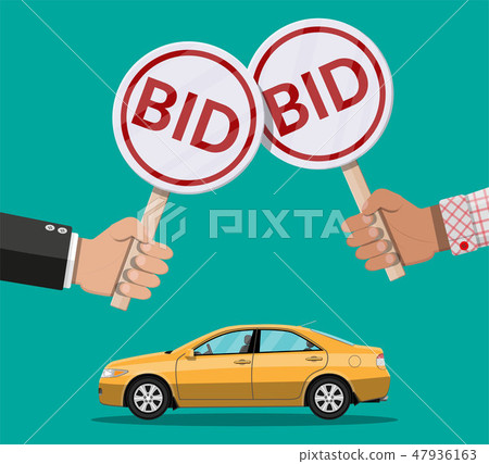 Hands holding auction paddle and car. Hands holding auction paddle and car. 47936163