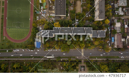 Top down view of buildings, street roads with cars in Krasnodar city, Russia 47936717