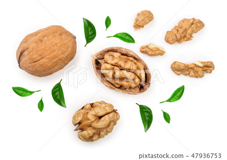Walnuts with leaf isolated on white background. Top view. Flat lay 47936753