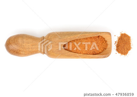 Mixed spices on wooden scoop isolated on white background. Top view. Flat lay Mixed spices on wooden scoop isolated on white background. Top view. Flat lay 47936859