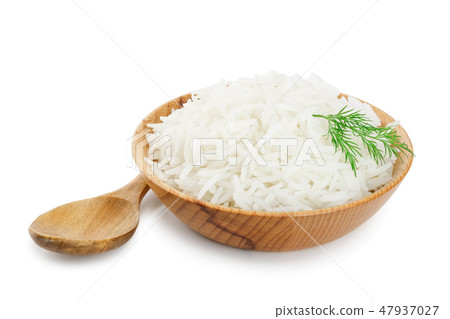 rice in a wooden bowl isolated on white background. Top view. Flat lay 47937027