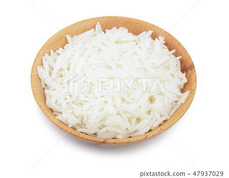 rice in a wooden bowl isolated on white background. Top view. Flat lay 47937029