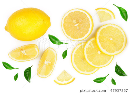 lemon and slices with leaf isolated on white background. Flat lay, top view lemon and slices with leaf isolated on white background. Flat lay, top view 47937267