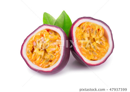 half of passion fruits with leaves isolated on white background. Isolated maracuya 47937399