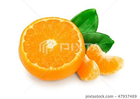 tangerine or mandarin fruit with leaves isolated on white background 47937489
